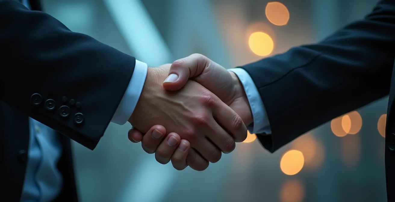 Poignée de main stylisée symbolisant la négociation d’un contrat énergétique sécurisé