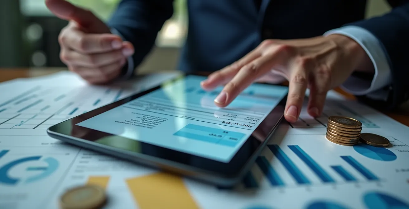 Illustration symbolique d'une facture d'électricité professionnelle avec des éléments visuels représentant des coûts cachés et des négociations