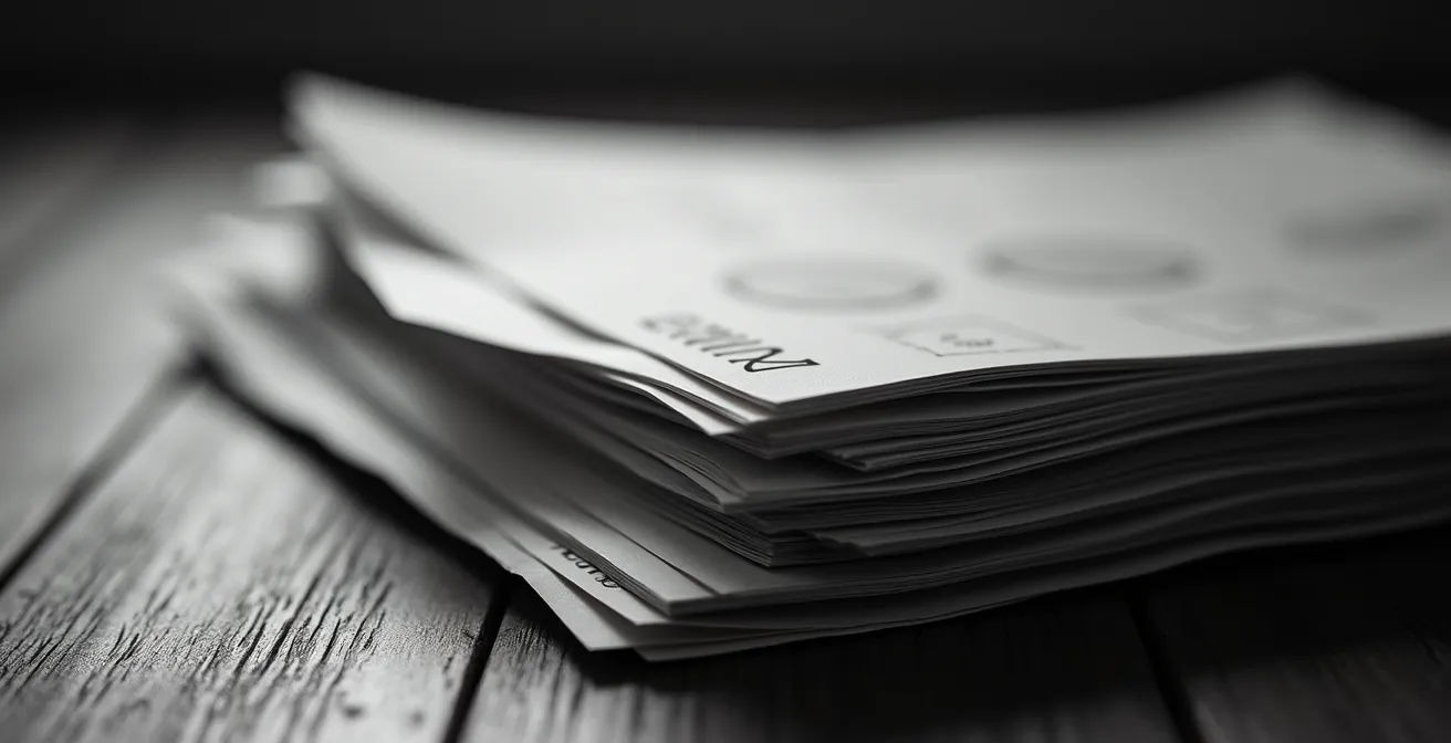 Détail macro de factures énergétiques empilées révélant l'impact sur la trésorerie