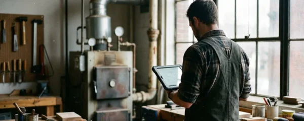 Un artisan vu de dos consulte une tablette dans son atelier lumineux, avec des équipements de chauffage industriels en arrière-plan