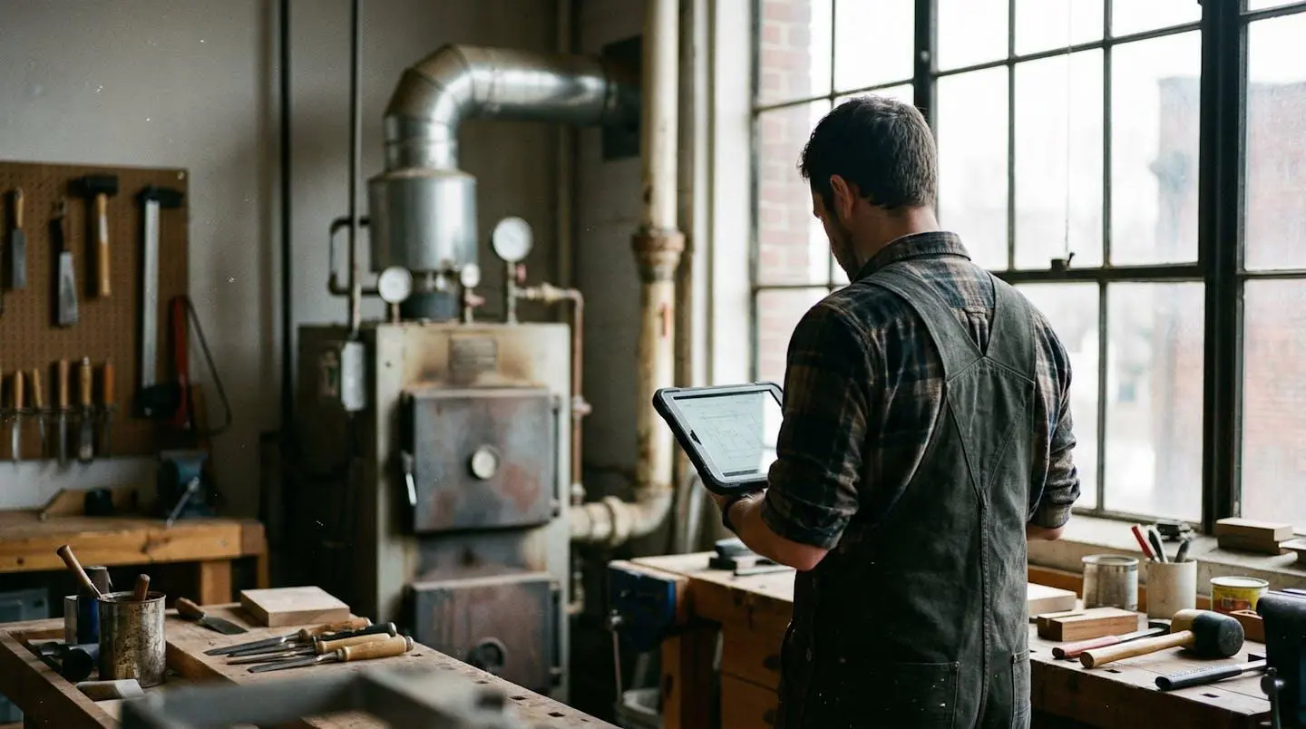 Un artisan vu de dos consulte une tablette dans son atelier lumineux, avec des équipements de chauffage industriels en arrière-plan