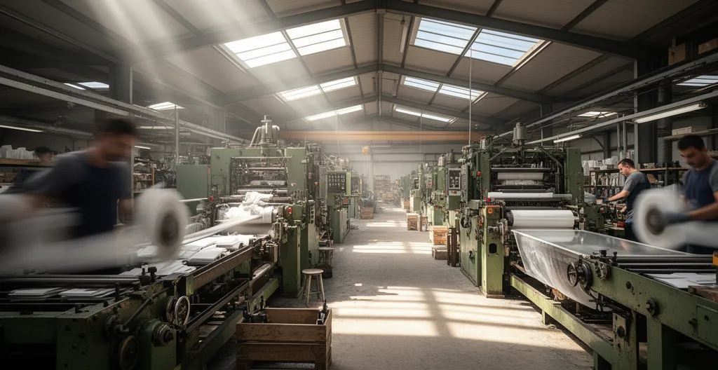 Atelier PME industrielle française avec machines de production en fonctionnement sous éclairage naturel