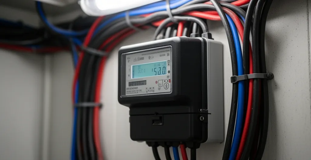 Compteur électrique numérique professionnel affichant puissance dans local technique industriel