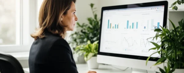 Directrice administrative analysant graphiques consommation électricité sur écran bureau moderne