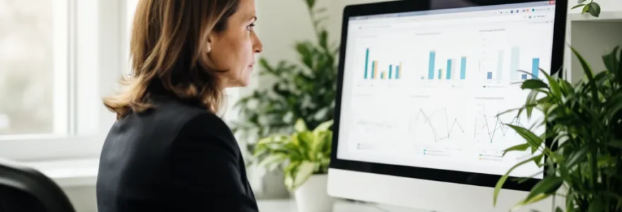 Directrice administrative analysant graphiques consommation électricité sur écran bureau moderne