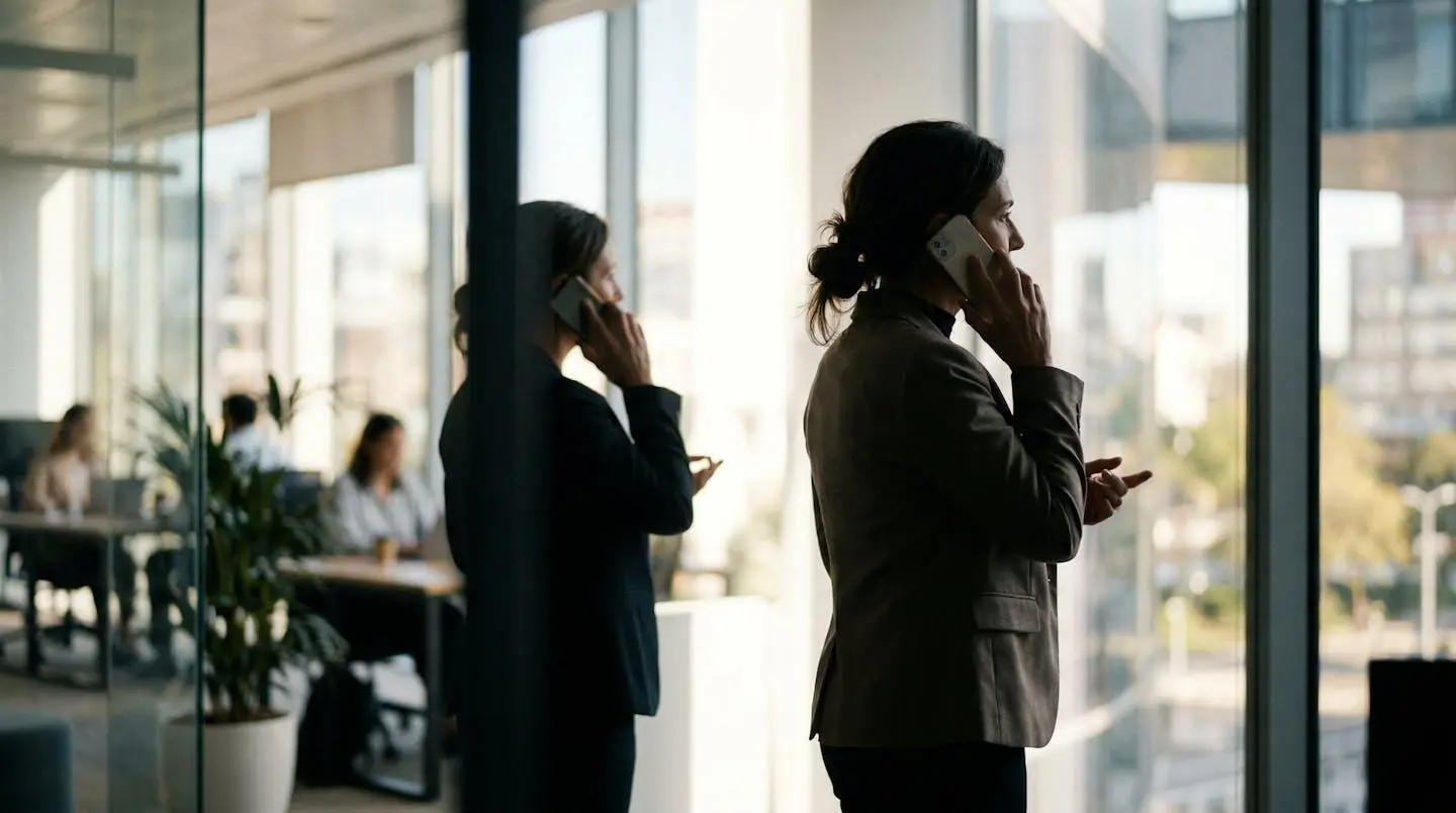 Un gérant d'entreprise vu de profil en conversation téléphonique dans un bureau moderne lumineux