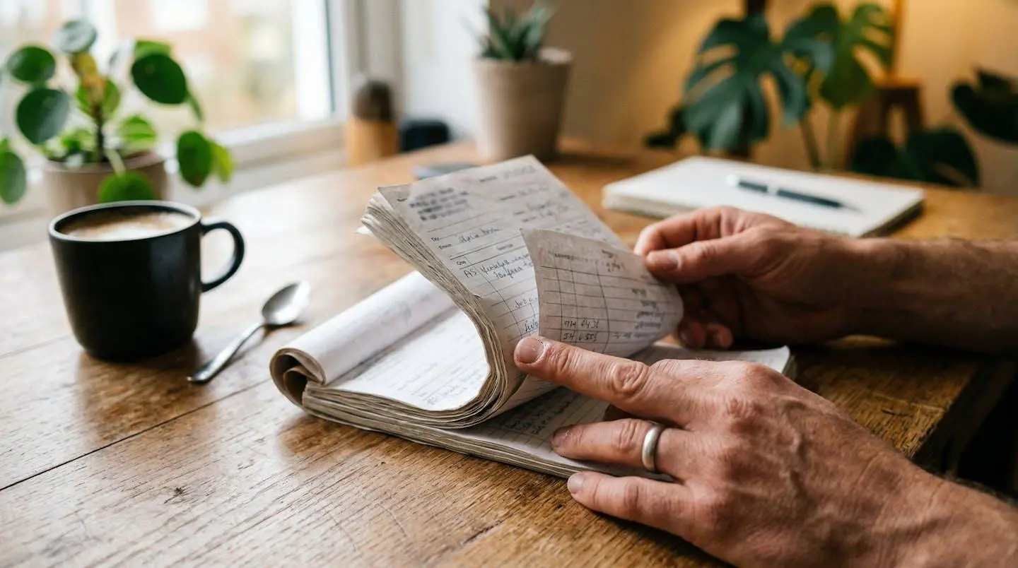 Des mains feuilletent une facture papier sur un bureau en bois, avec une tasse de café à côté