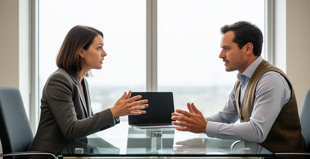 Réunion professionnelle entre directrice financière et consultant énergie analysant dossier exonération