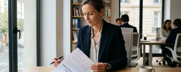 Responsable administratif professionnel analysant une facture d'électricité dans un bureau sobre et lumineux