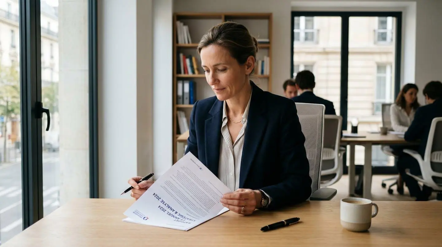 Responsable administratif professionnel analysant une facture d'électricité dans un bureau sobre et lumineux