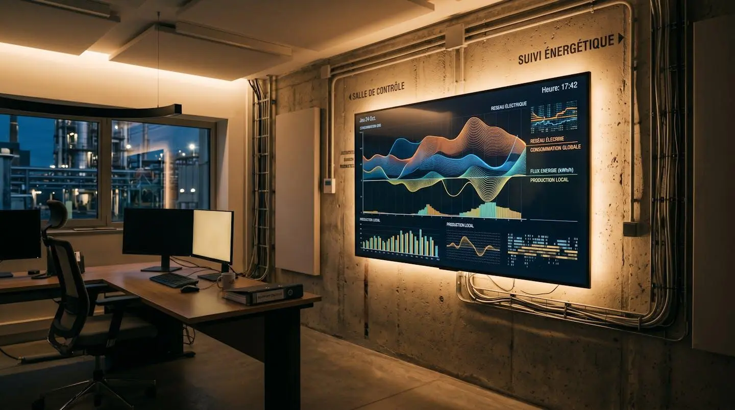 Écran de monitoring énergétique affichant des courbes de consommation horaire dans un local technique professionnel