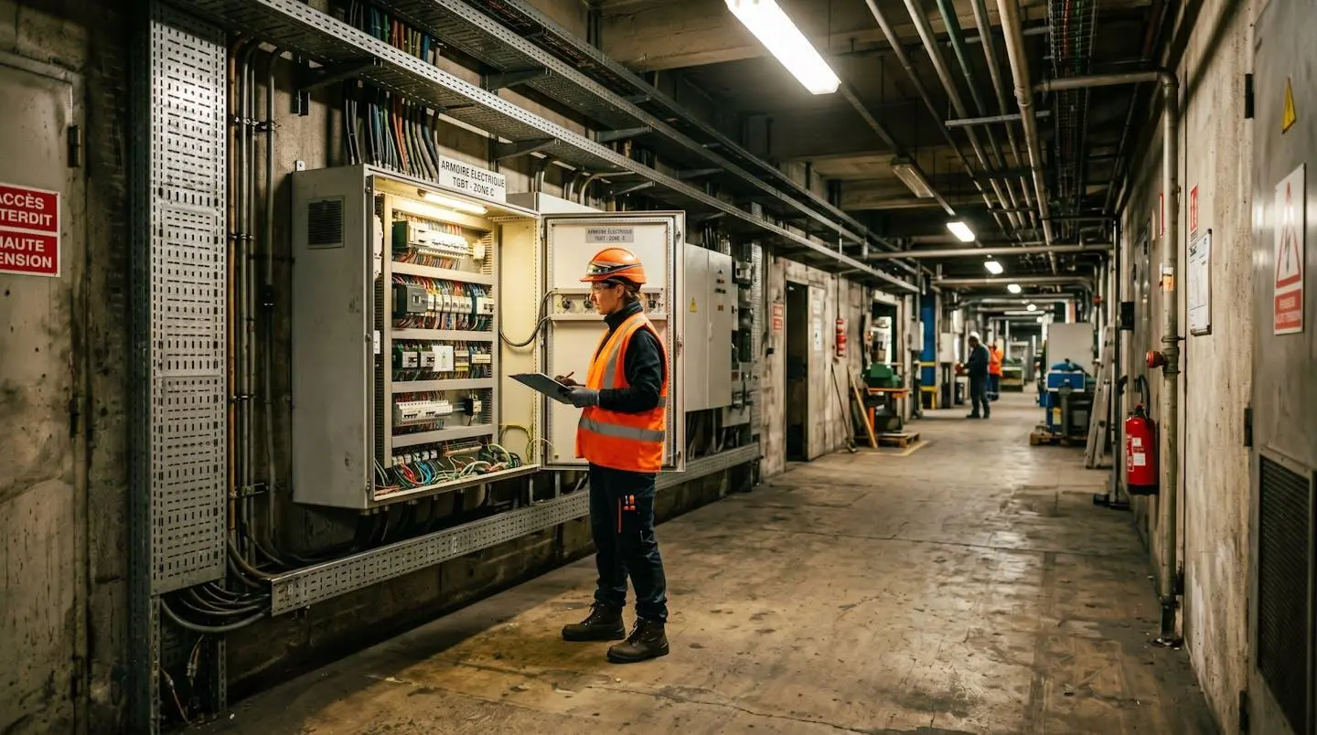 Technicien en tenue de sécurité inspectant une armoire électrique dans un couloir technique de site industriel