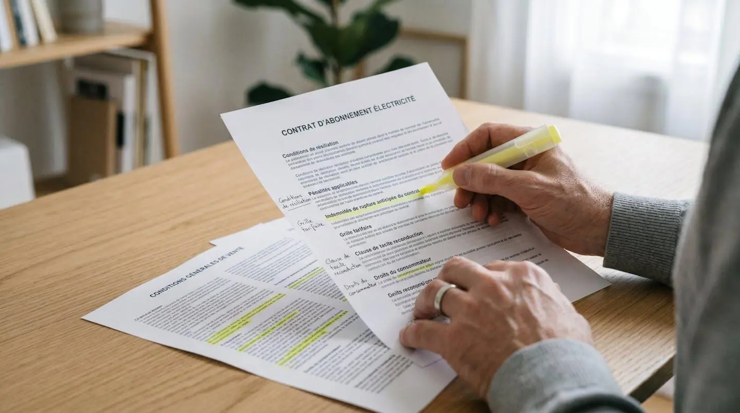 Gros plan sur des mains consultant et surlignant attentivement les clauses d'un contrat d'électricité professionnel, avec conditions générales étalées sur un bureau