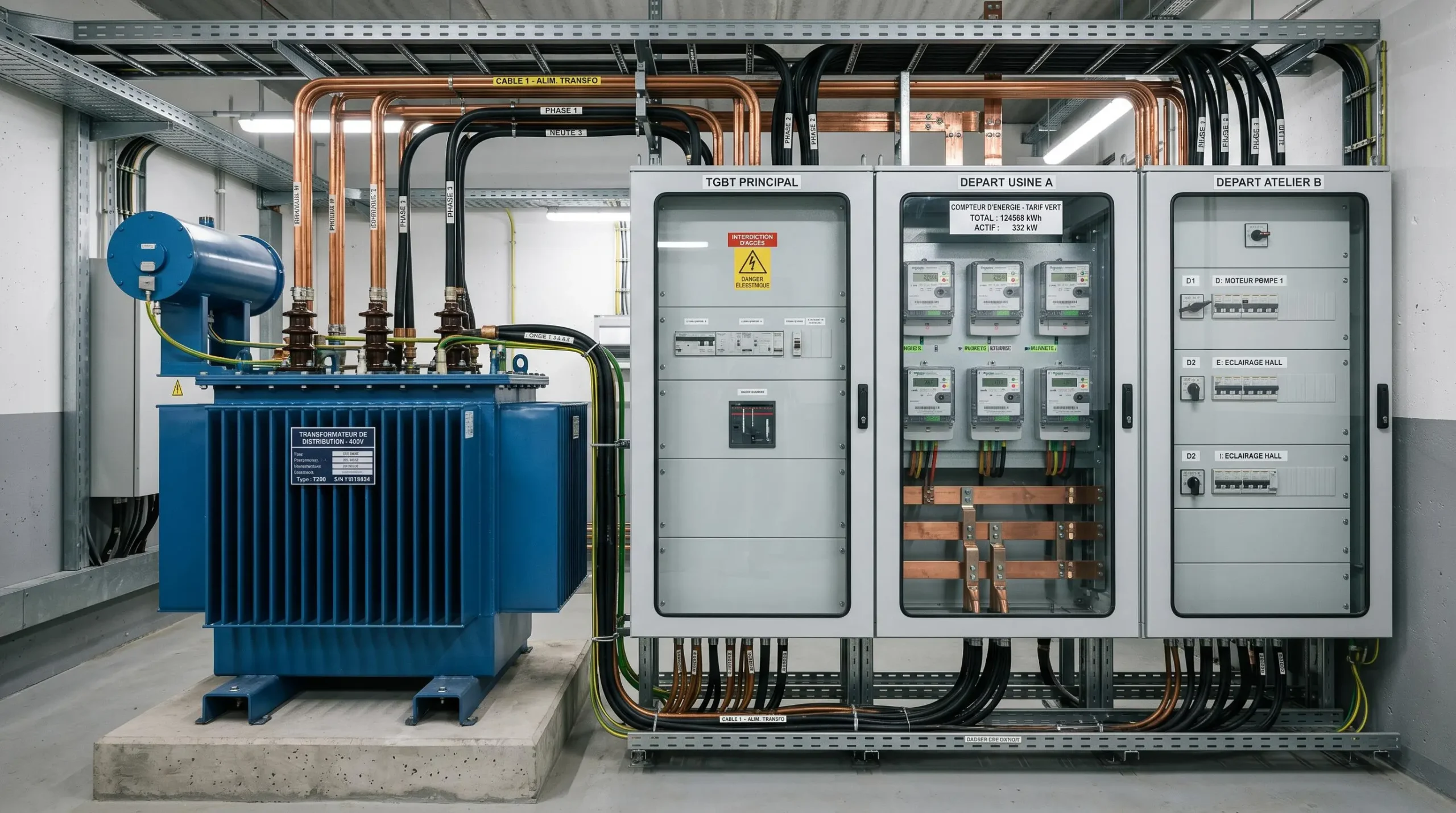 Installation de compteurs et transformateurs électriques industriels dans un local technique professionnel, avec câblages organisés et étiquetage visible