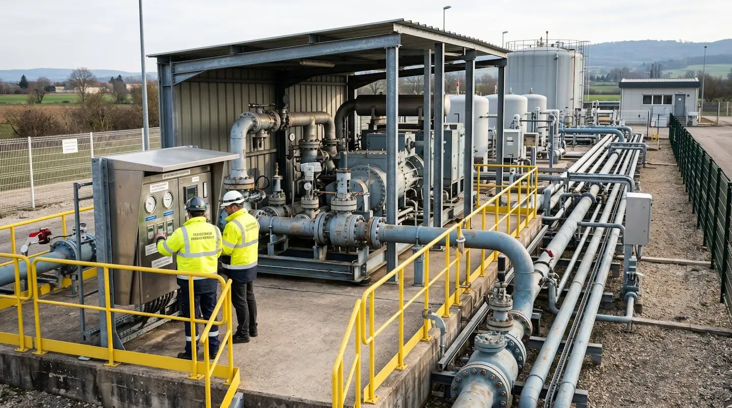 Installation de surface d'un site de stockage souterrain de gaz naturel avec équipements de compression et de contrôle industriel