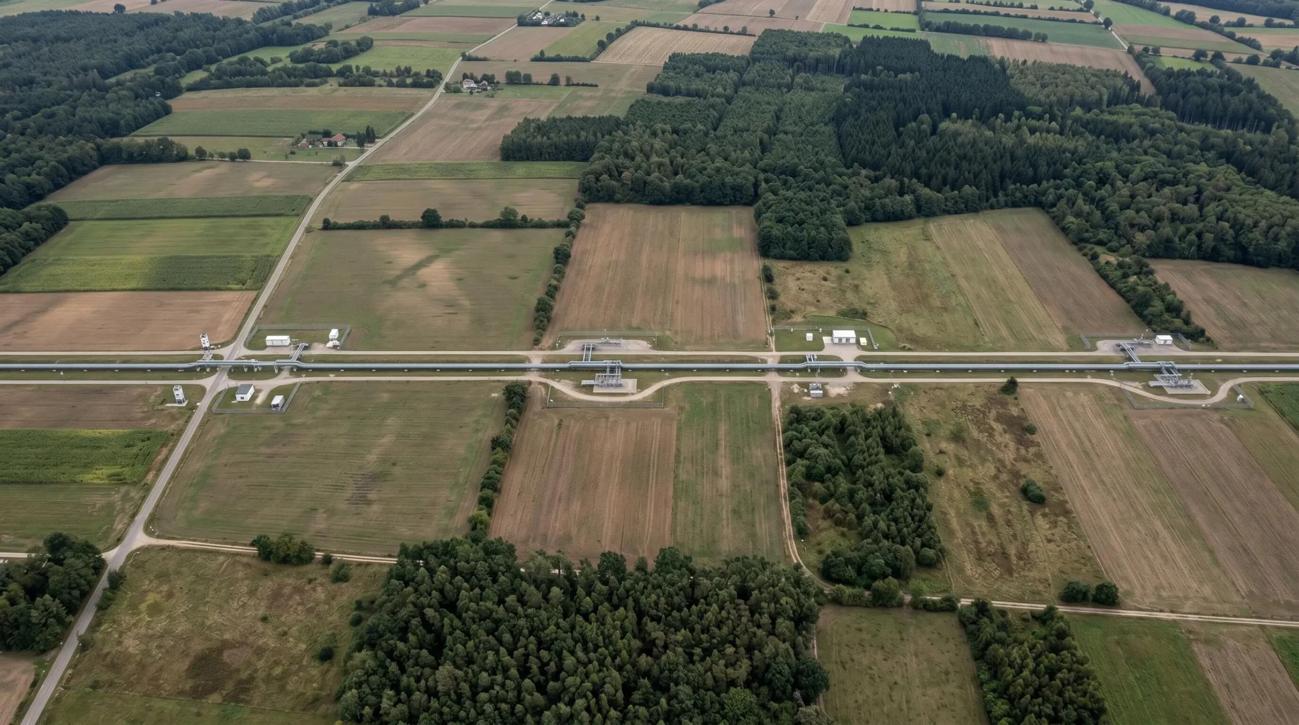 Vue aérienne d'un pipeline de transport de gaz naturel traversant paysage européen, illustrant réseau d'approvisionnement continental