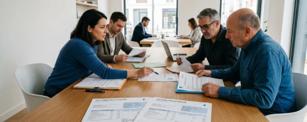 Plusieurs dirigeants de TPE-PME réunis autour d'une table de travail, examinant ensemble des factures d'électricité professionnelles détaillées dans un bureau contemporain lumineux