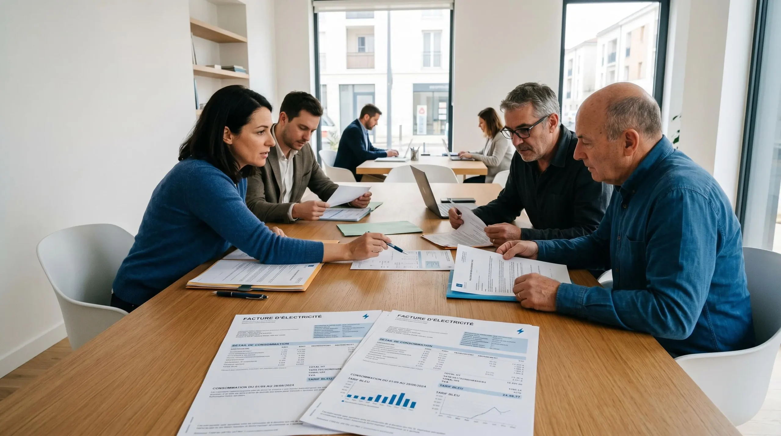 Plusieurs dirigeants de TPE-PME réunis autour d'une table de travail, examinant ensemble des factures d'électricité professionnelles détaillées dans un bureau contemporain lumineux