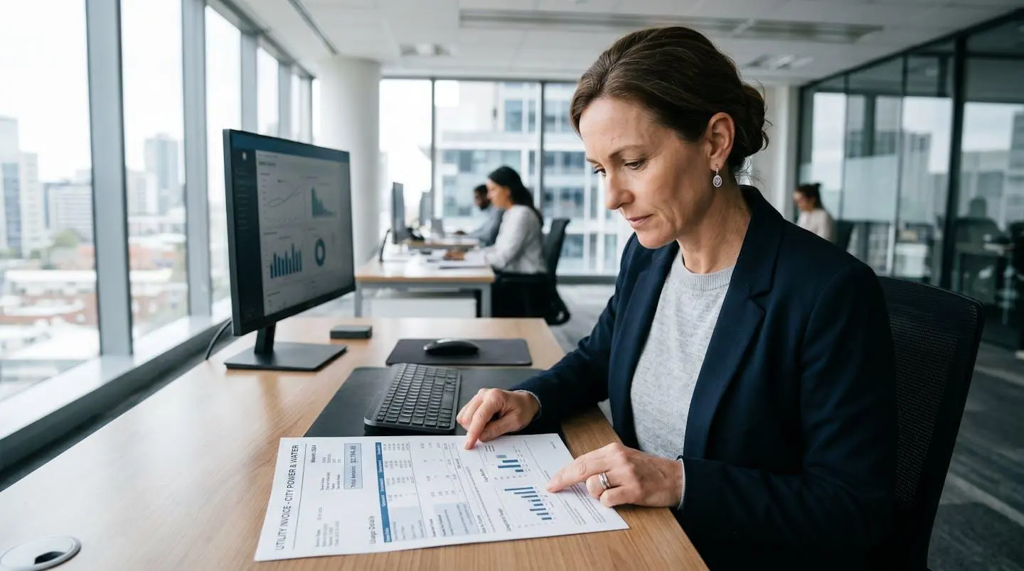 Responsable financier d'une PME analysant une facture d'énergie sur son bureau pour identifier des leviers d'optimisation fiscale
