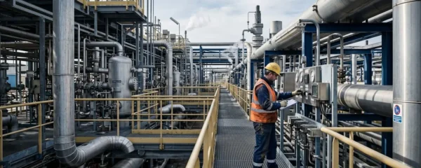Station de compression de gaz naturel avec technicien effectuant un contrôle sur équipement industriel, infrastructure métallique et tuyauteries visibles