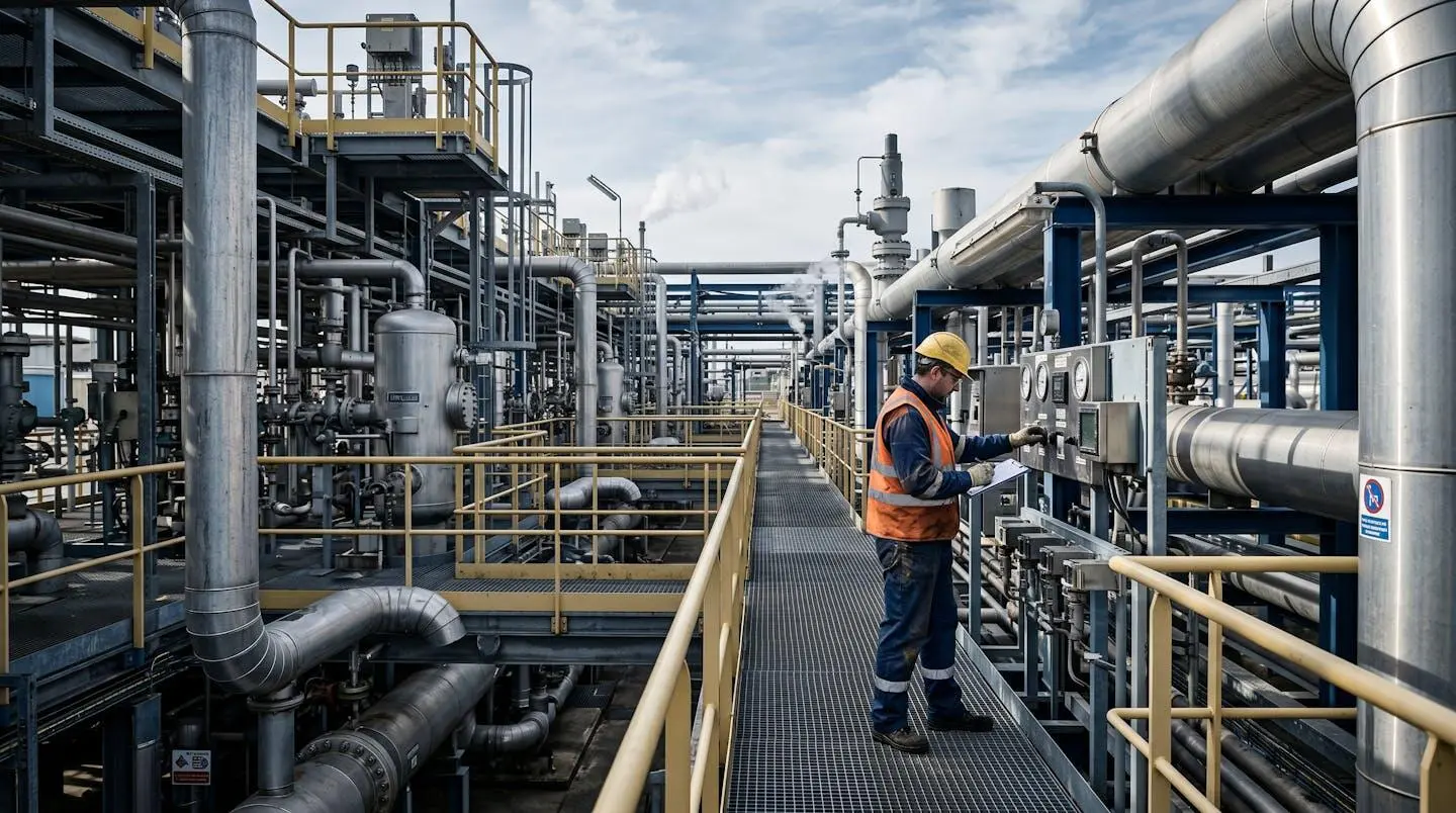 Station de compression de gaz naturel avec technicien effectuant un contrôle sur équipement industriel, infrastructure métallique et tuyauteries visibles