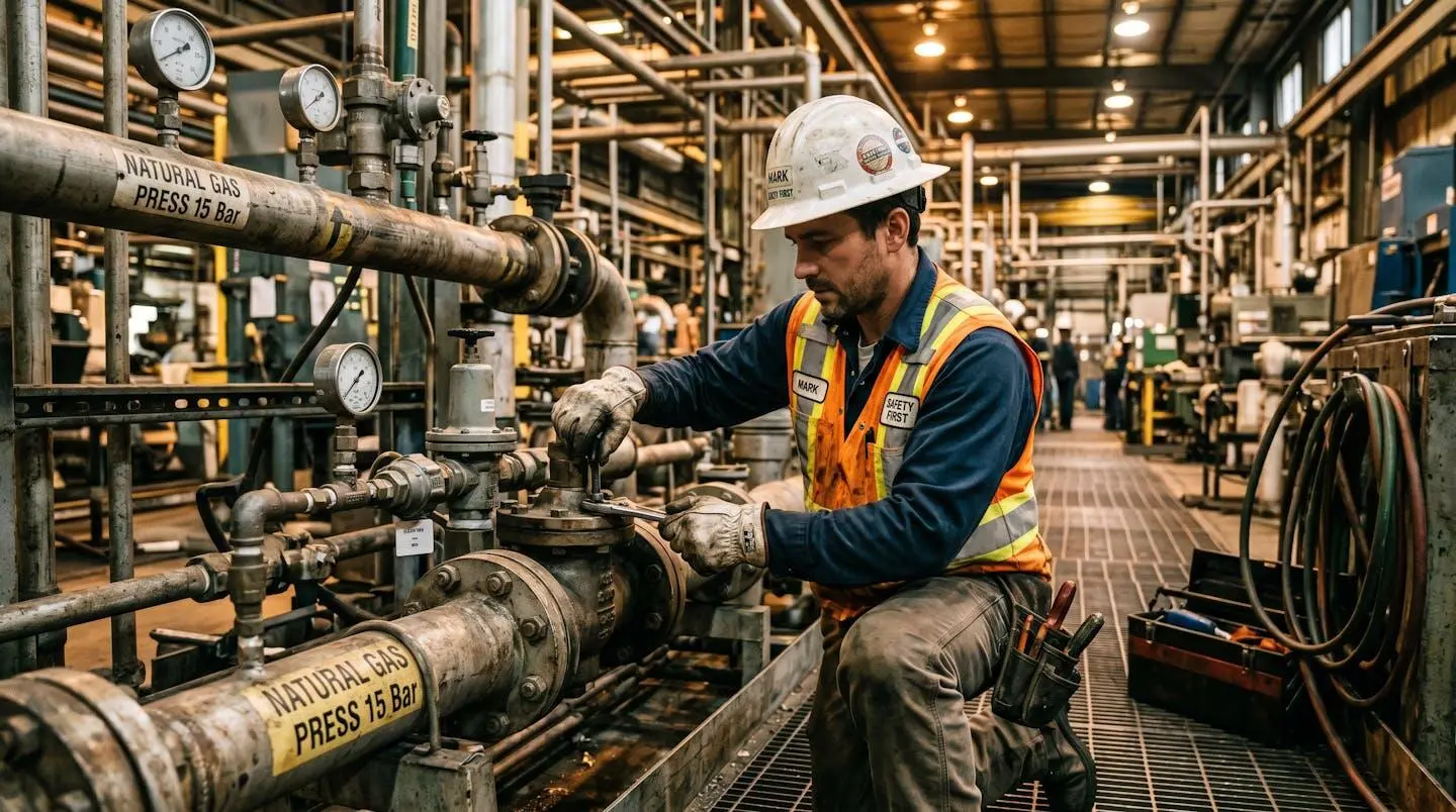 Technicien dans une installation industrielle vérifiant des équipements de gaz naturel pour une démarche d'exonération de la TICGN