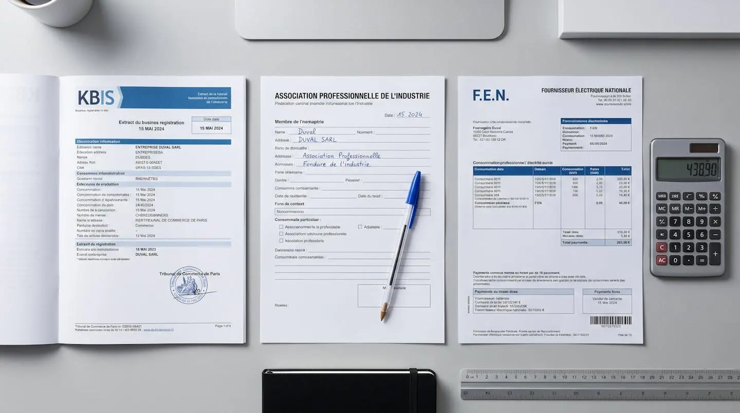 Vue de dessus d'un bureau avec documents administratifs pour adhésion groupement d'achat : facture électricité professionnelle, extrait KBIS, formulaire et calculatrice