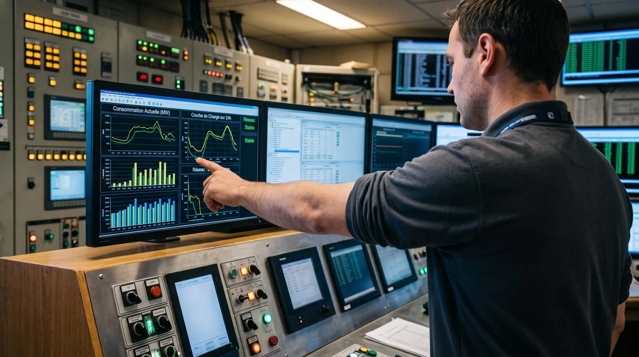 Analyste surveillant en temps réel les données de consommation électrique sur des écrans de contrôle dans une salle technique industrielle.