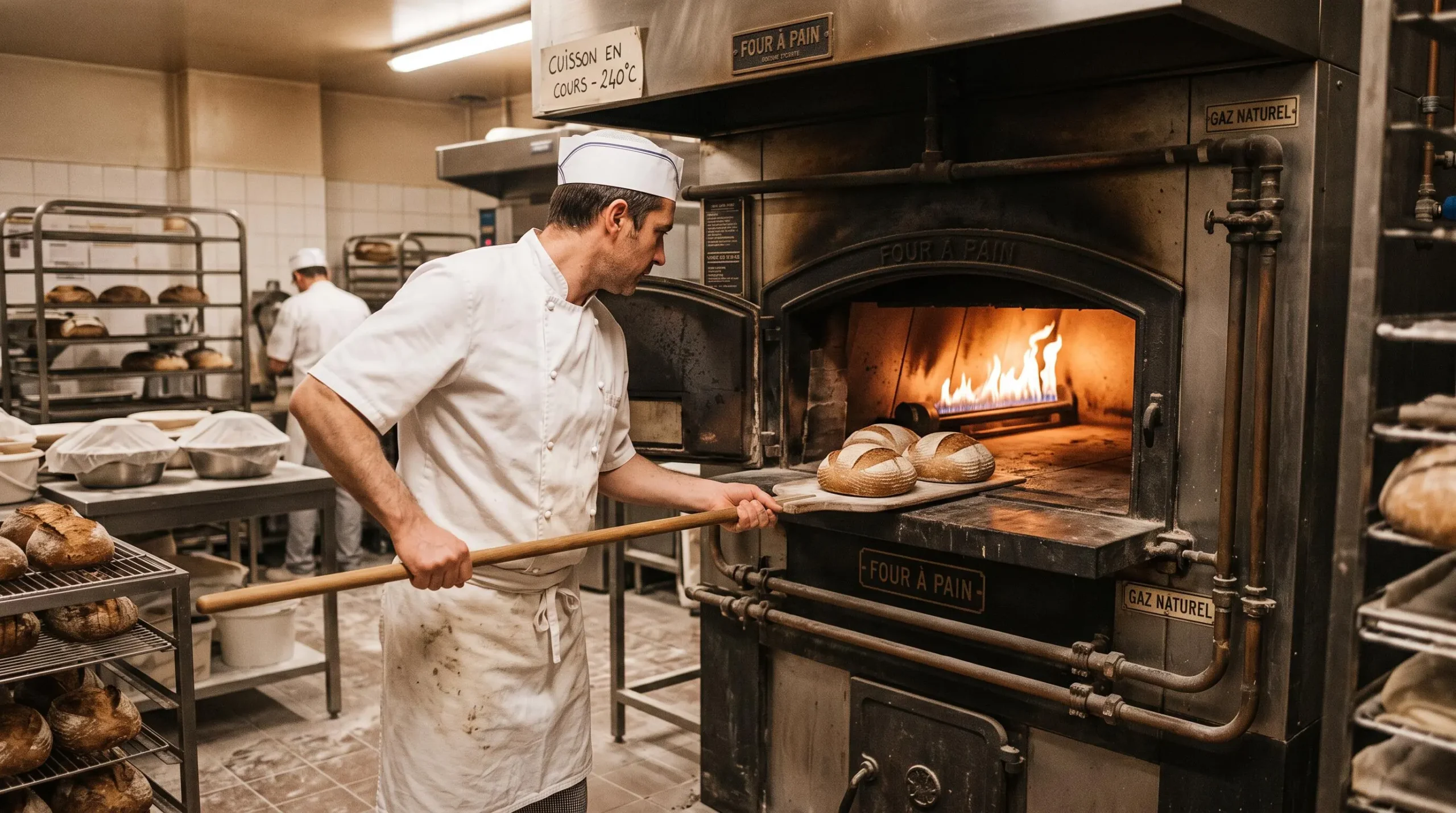 Boulanger professionnel enfournant du pain dans un four industriel au gaz naturel dans une boulangerie artisanale française