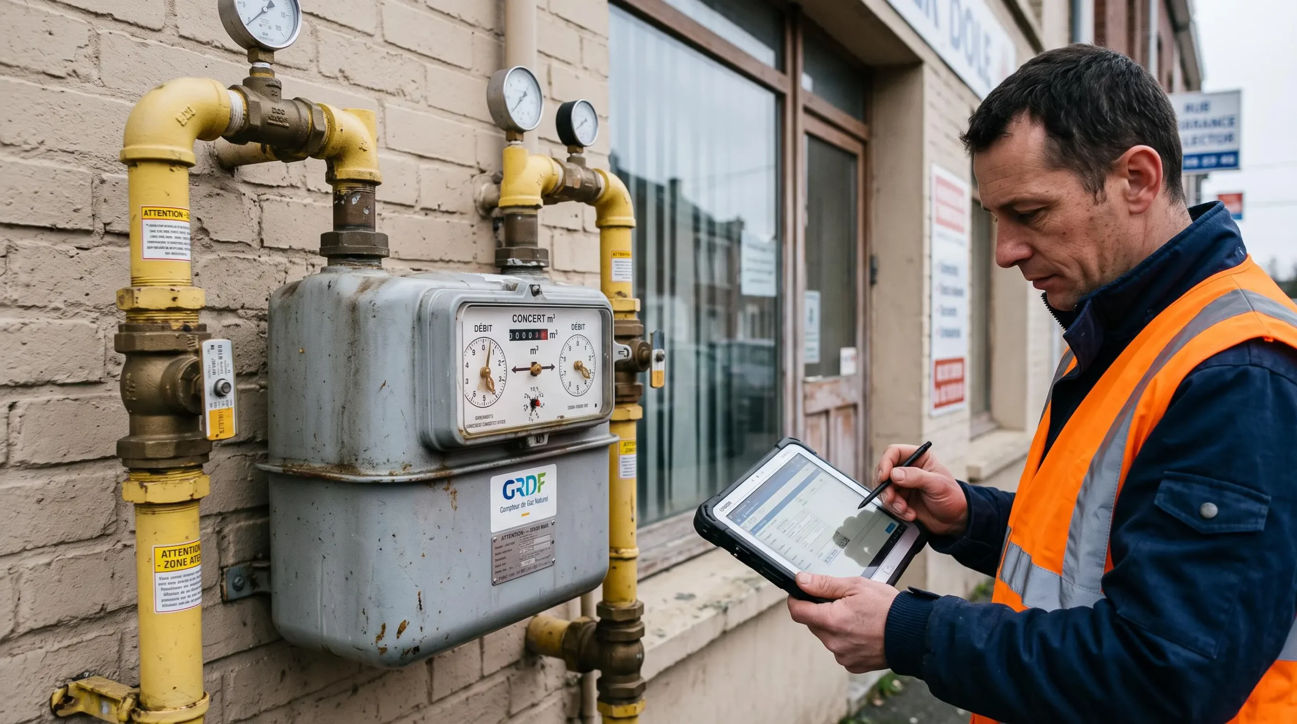 Technicien relevant les données de consommation sur un compteur de gaz naturel industriel installé sur un bâtiment commercial