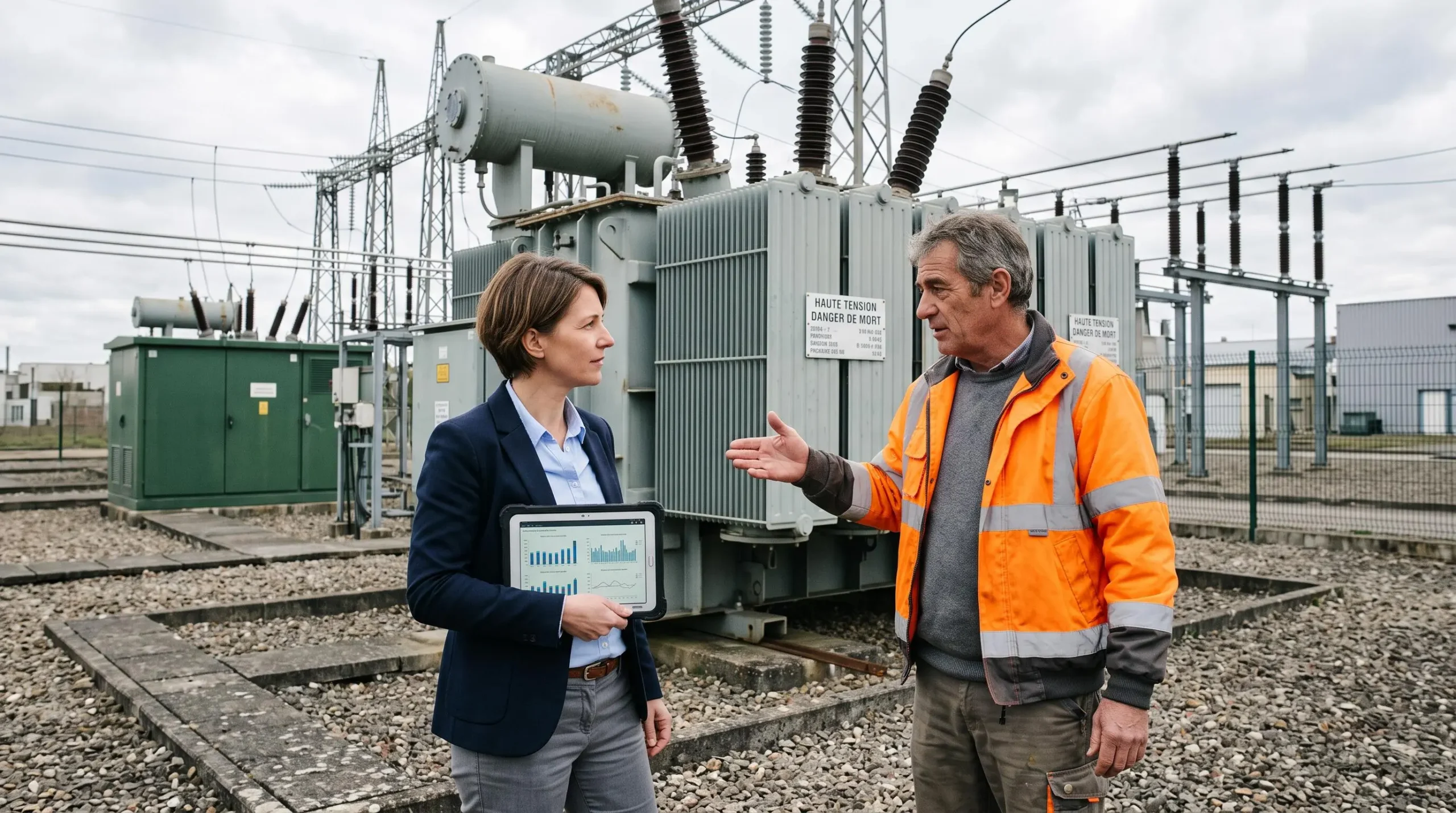 Consultant en énergie et responsable d'installation discutant devant des transformateurs électriques dans un poste de distribution extérieur.