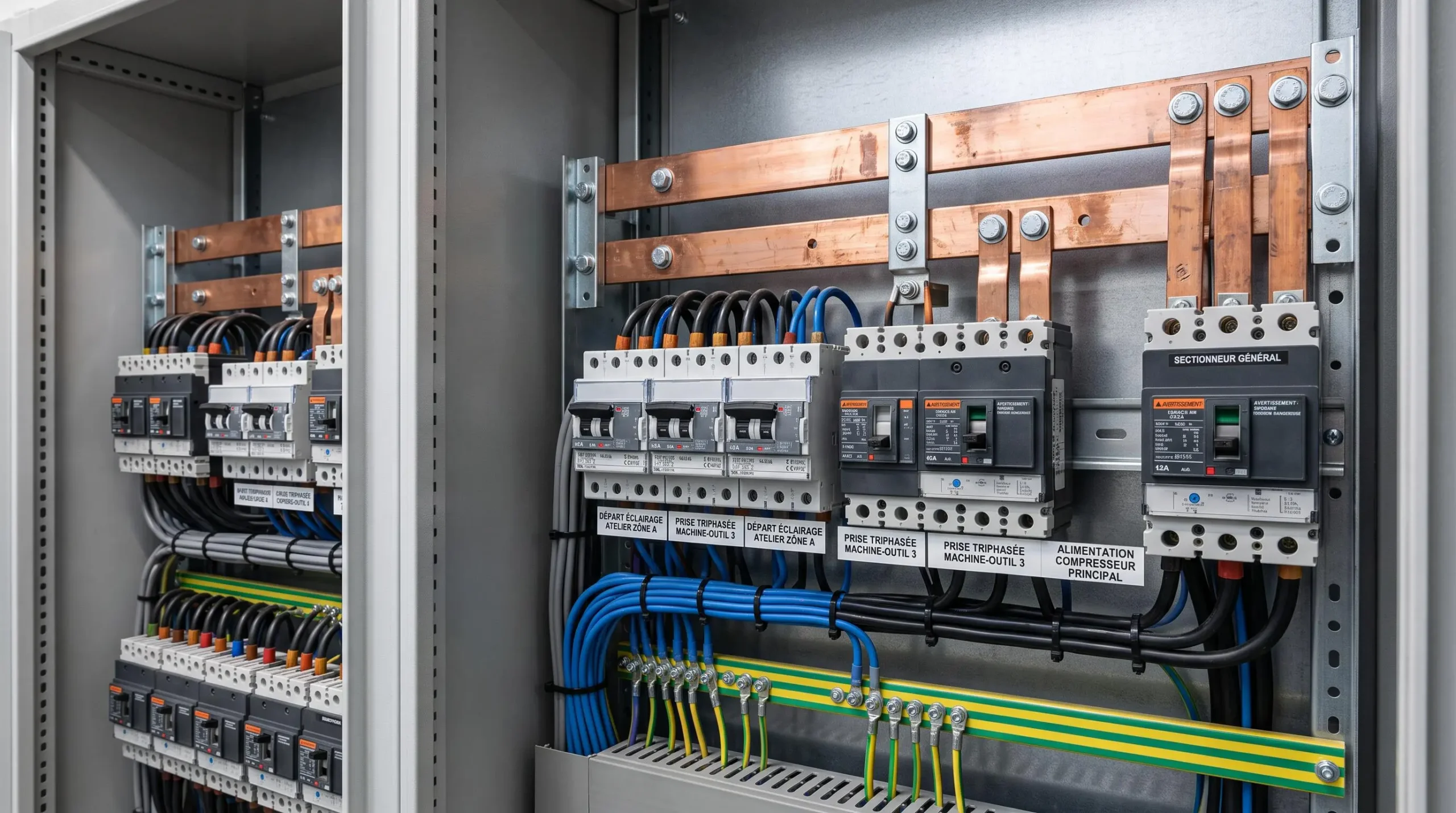 Vue détaillée d'une installation de distribution électrique triphasée avec disjoncteurs, barres de cuivre et câblage organisé dans une armoire industrielle.