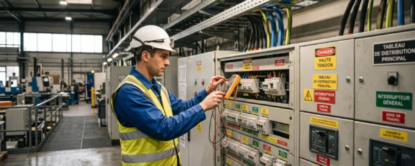 Professionnel de l'énergie inspectant un tableau électrique industriel avec un multimètre dans une installation française.