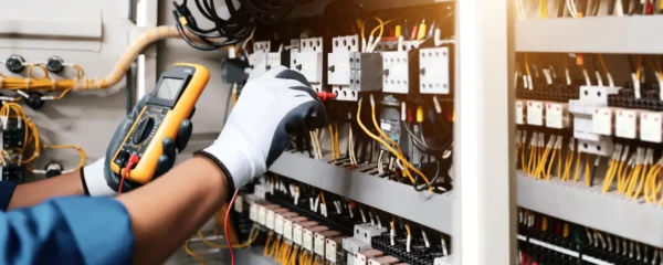 Professionnel de l'énergie inspectant un tableau électrique industriel avec un multimètre dans une installation française.