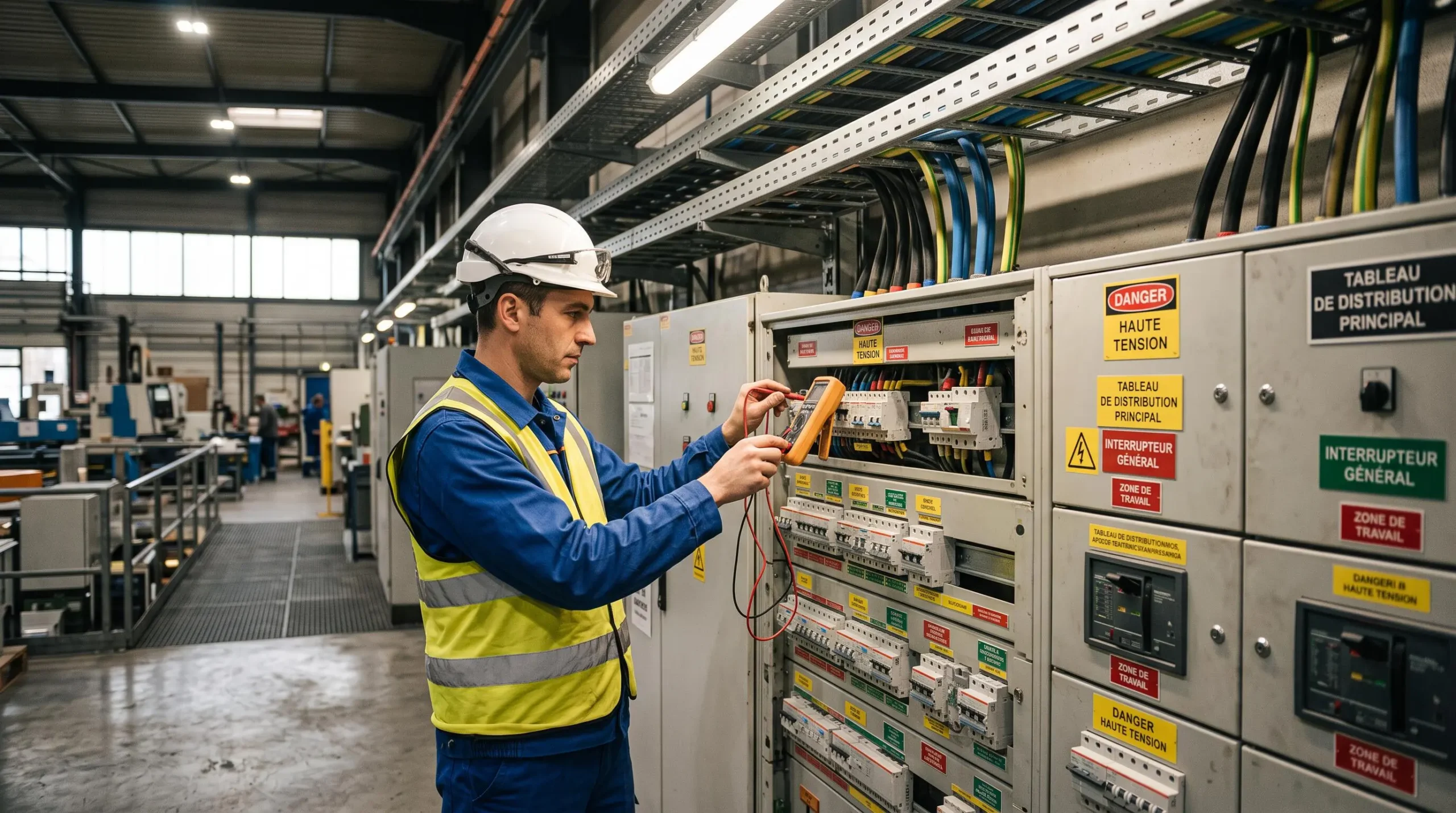 Professionnel de l'énergie inspectant un tableau électrique industriel avec un multimètre dans une installation française.