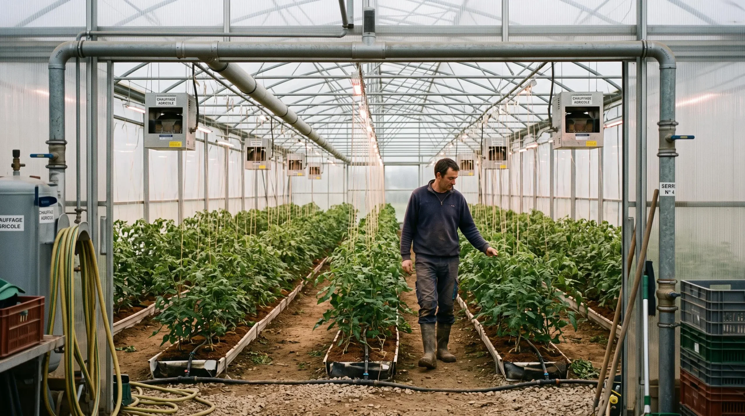 Intérieur de serre agricole française avec système de chauffage au gaz naturel et culture maraîchère sous abri
