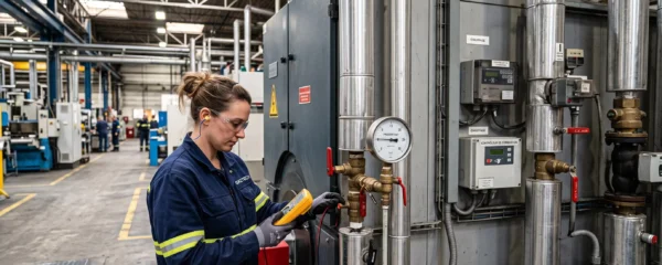Technicien de maintenance inspectant une installation industrielle de chauffage au gaz naturel dans une usine française