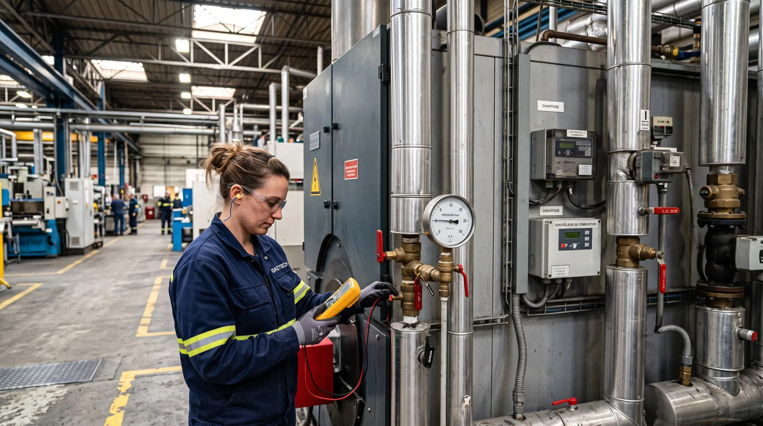 Technicien de maintenance inspectant une installation industrielle de chauffage au gaz naturel dans une usine française