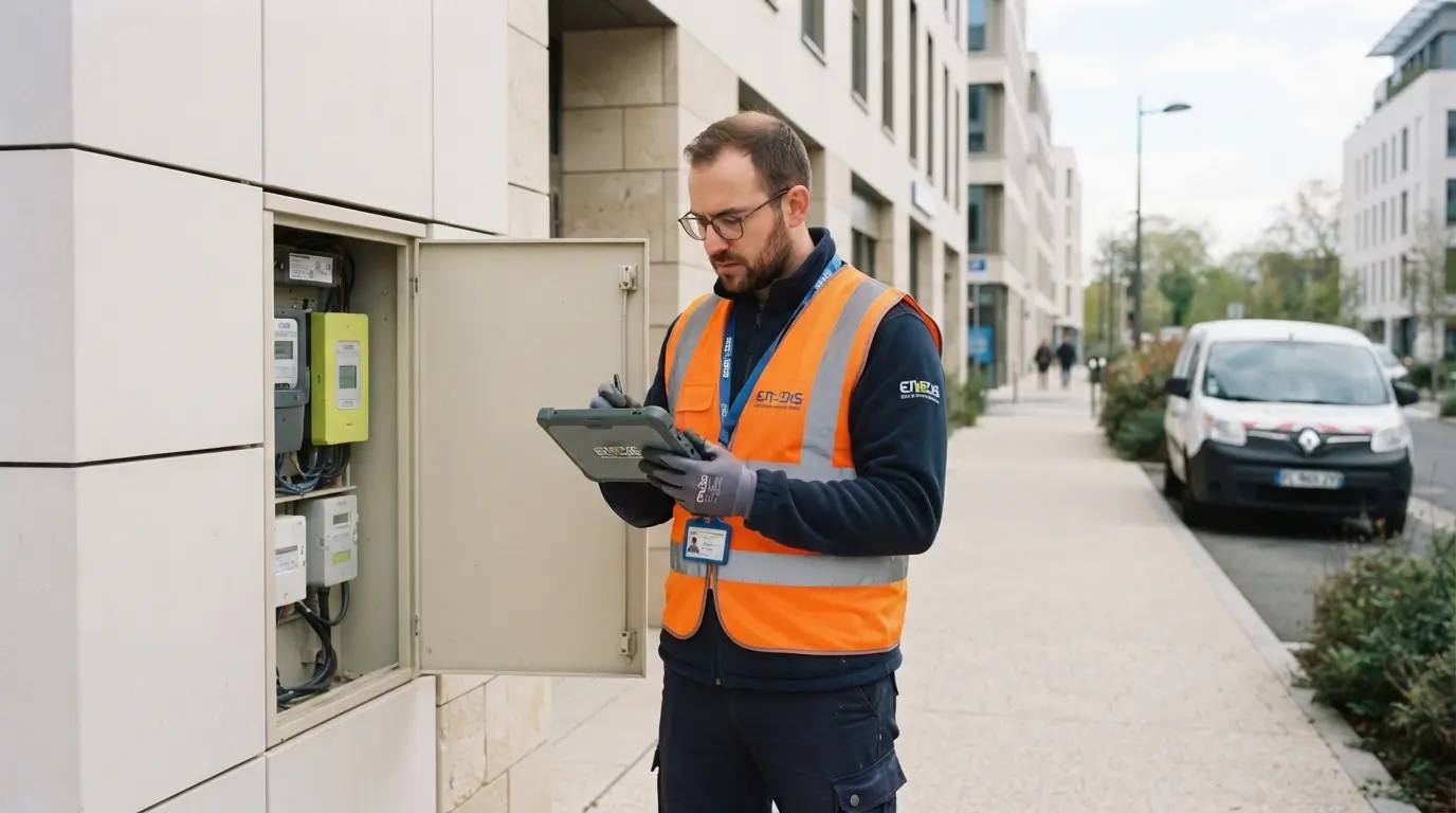 Un technicien en veste haute visibilité relève un compteur électrique sur la façade d'un bâtiment commercial en France.