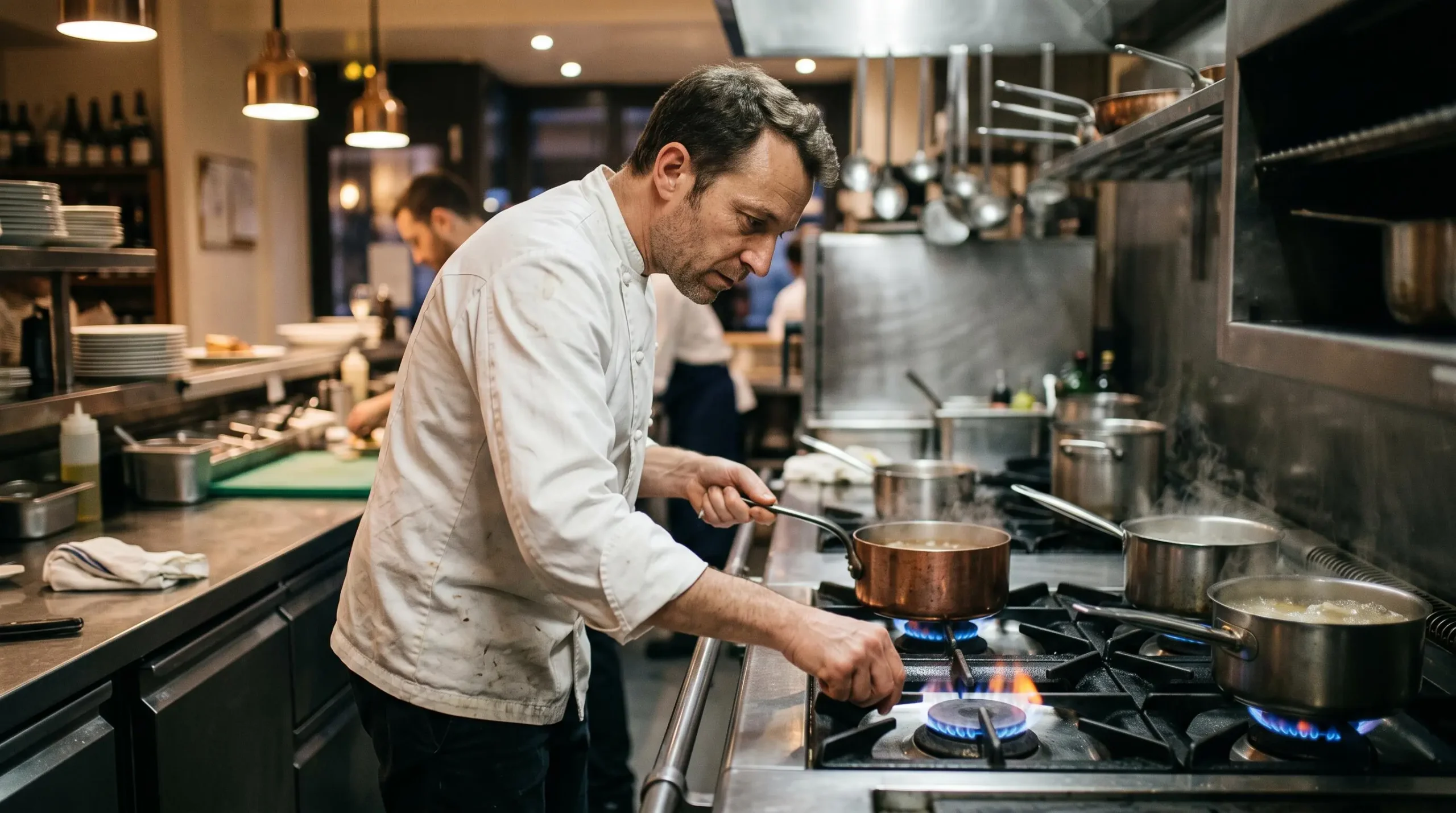 Un chef ajustant la puissance d'un brûleur à gaz sur sa cuisson en pleine cuisine professionnelle pendant le service.