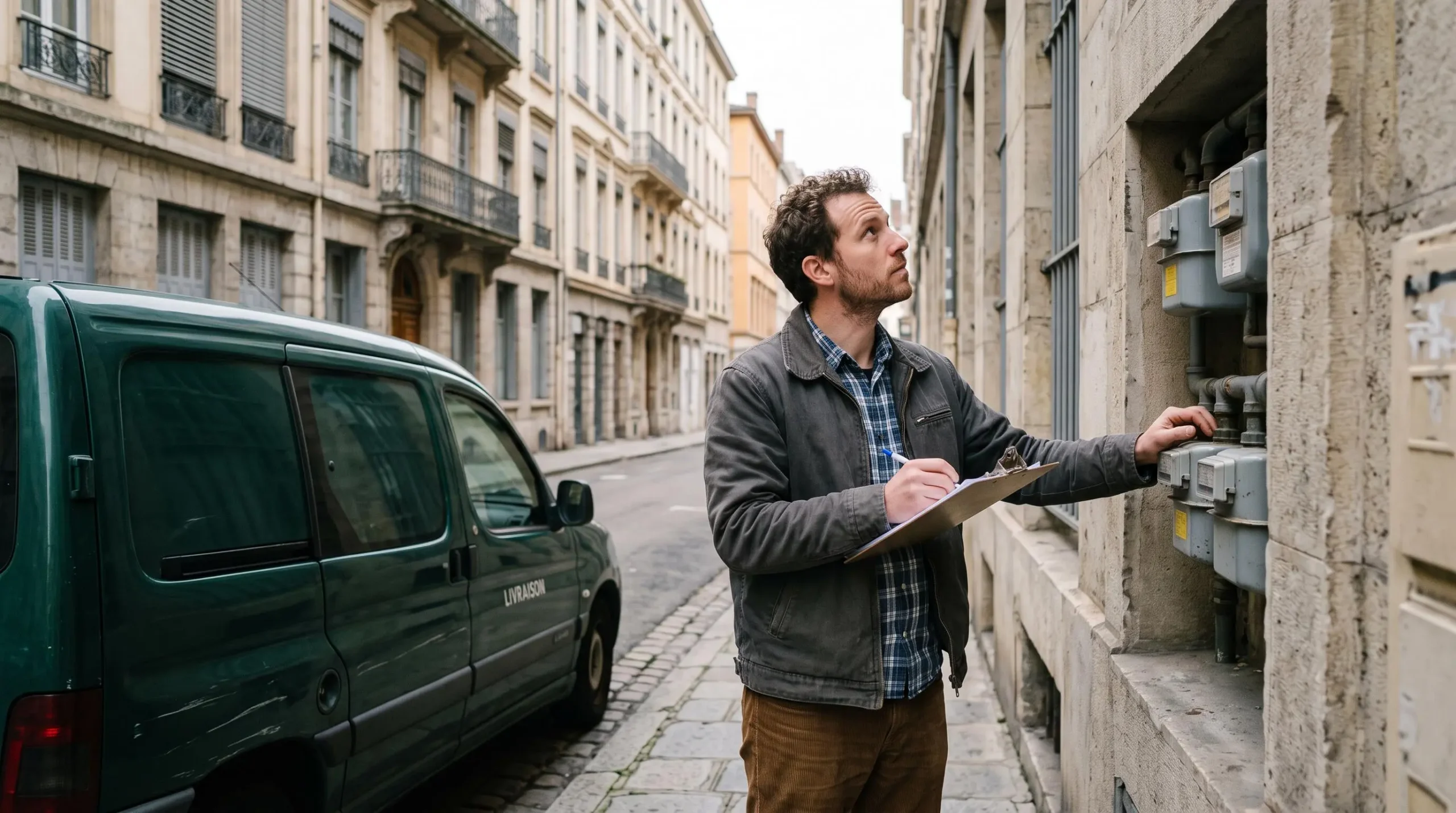 Un consultant en énergie examine les compteurs de gaz et d'électricité en façade d'un immeuble lyonnais, près de sa camionnette.