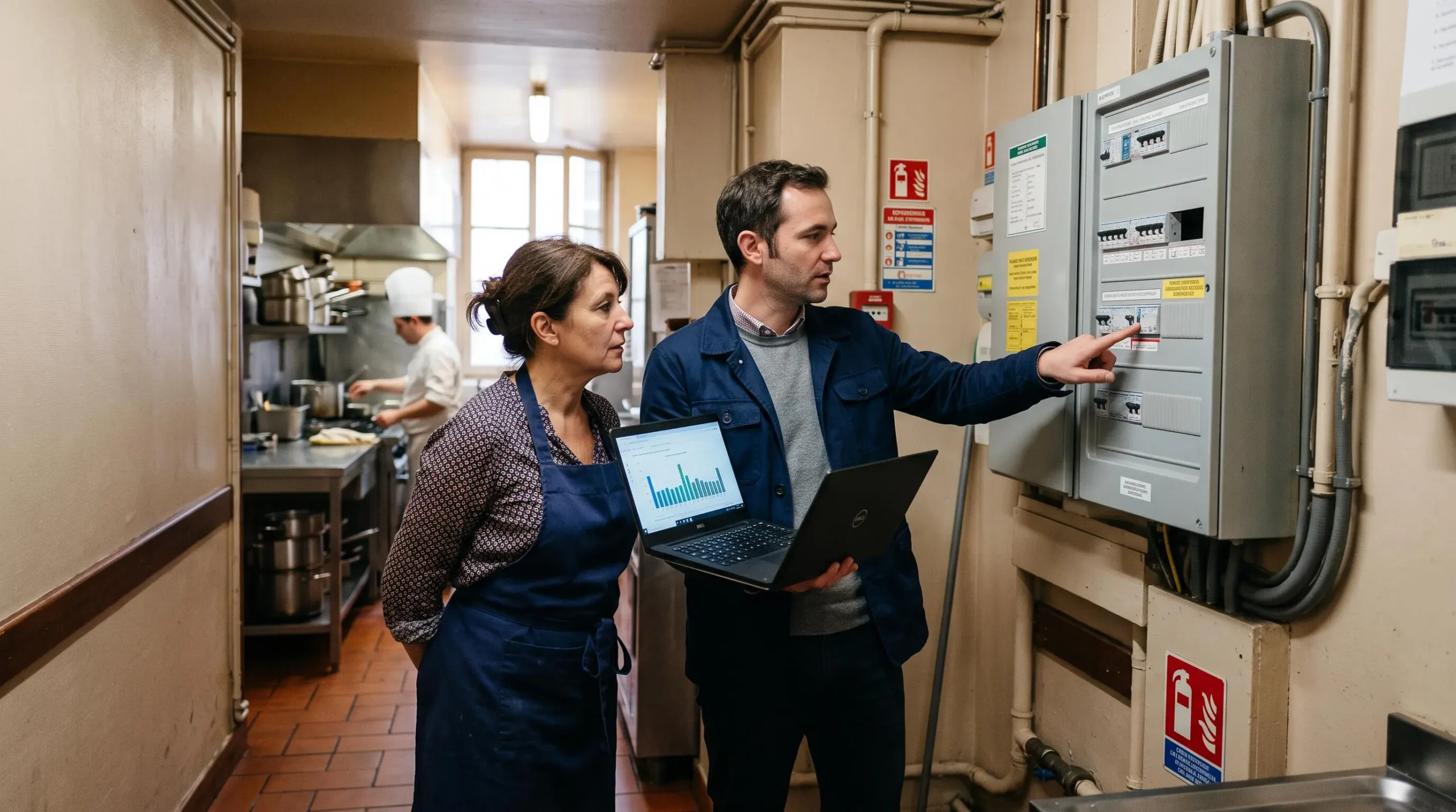 Un courtier en énergie explique le tableau électrique d'un restaurant lyonnais à sa propriétaire dans un couloir de service.