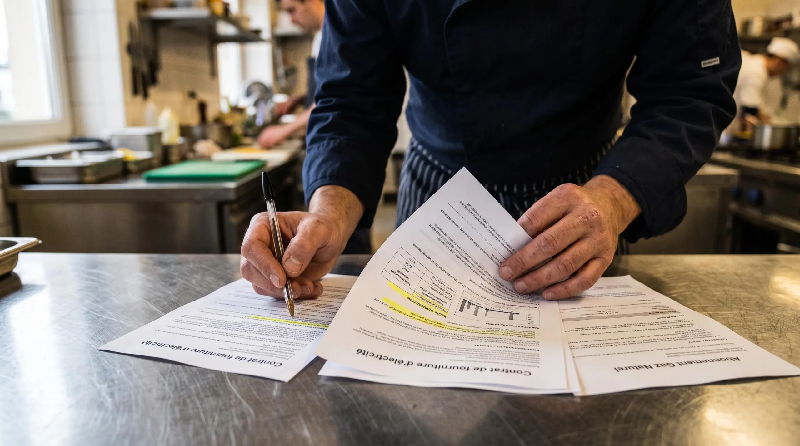 Mains d'un restaurateur comparant et annotant plusieurs contrats d'énergie posés sur une table en inox de cuisine professionnelle.