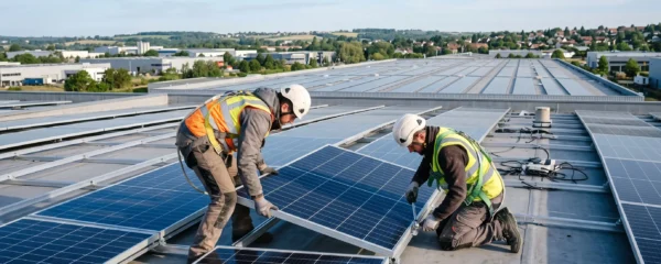 Deux techniciens fixant des panneaux solaires photovoltaïques sur la toiture plate d'un entrepôt logistique en France.