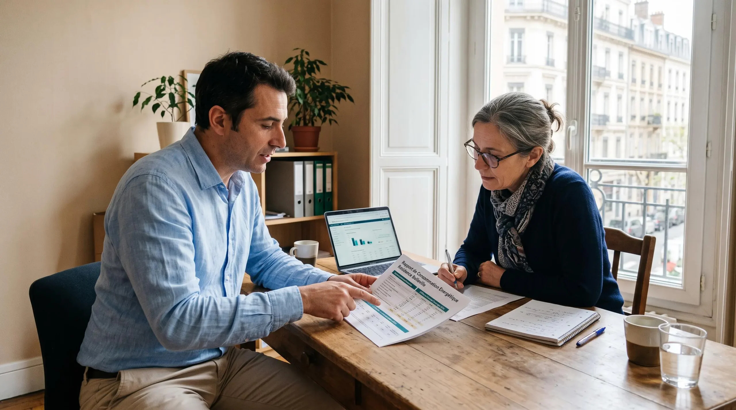 Un courtier en énergie présente un rapport de consommation à un syndic.