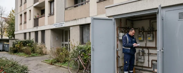 Un technicien relève le compteur de gaz d'une copropriété française.