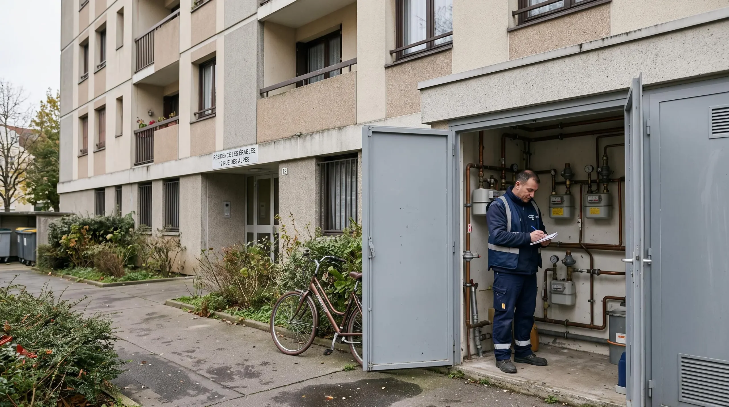 Un technicien relève le compteur de gaz d'une copropriété française.